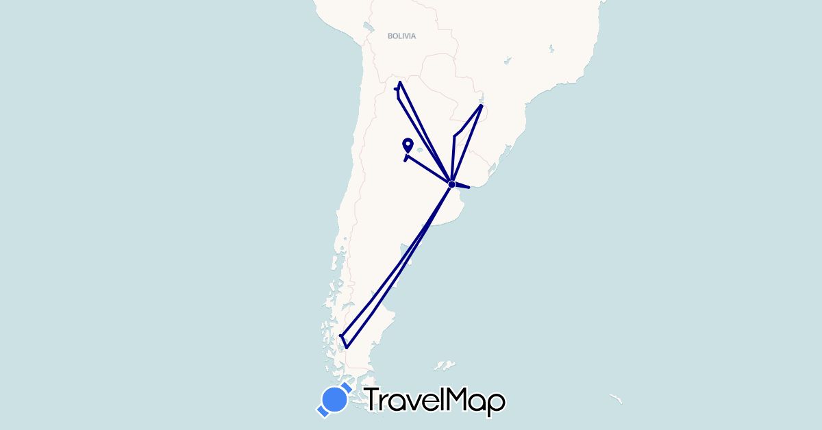 TravelMap itinerary: driving in Argentina, Brazil, Uruguay (South America)
